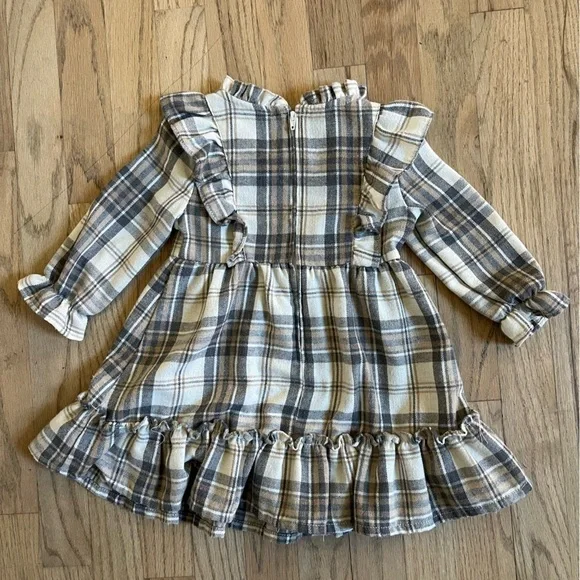 Rare edition girls 2T long sleeve plaid dress with ruffles cream gray brown - Picture 3 of 8